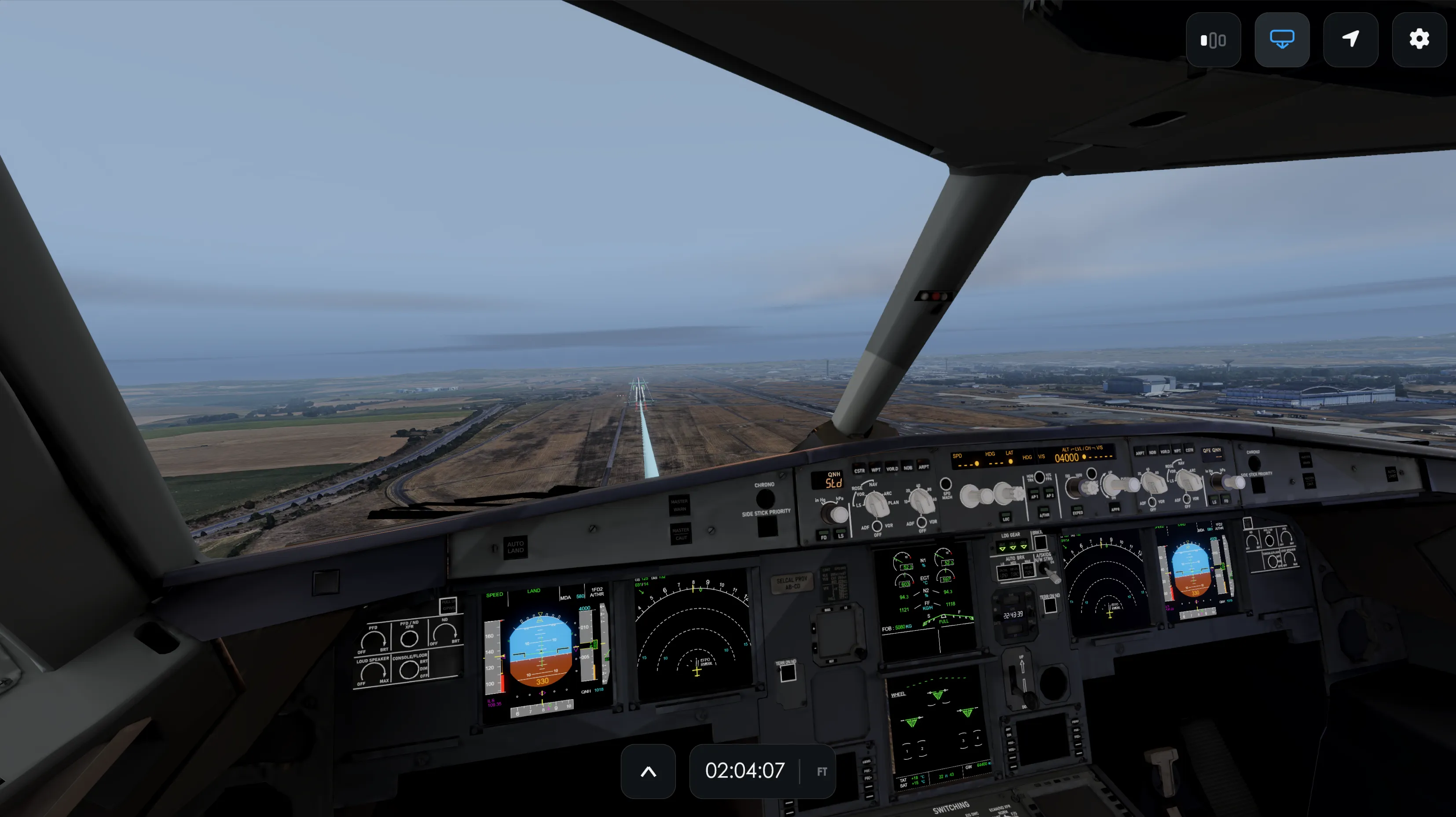 SARA 3D replay: the cockpit on a daytime final approach, every instrument driven by the recorded flight data.