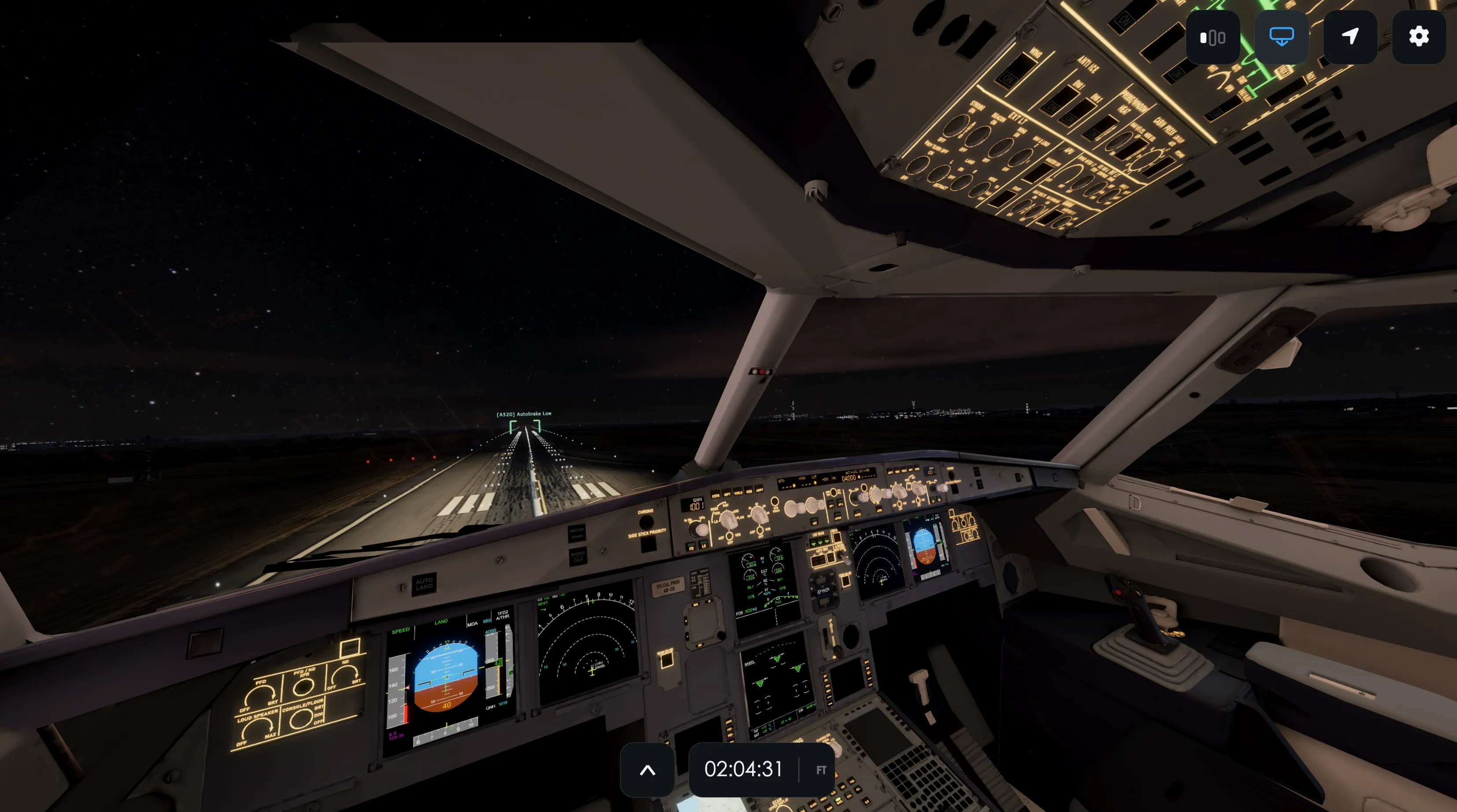 SARA.3D: the cockpit of an A320 on short final at night, the runway approach lights ahead through the windshield, the primary flight and navigation displays lit by the recorded flight data.