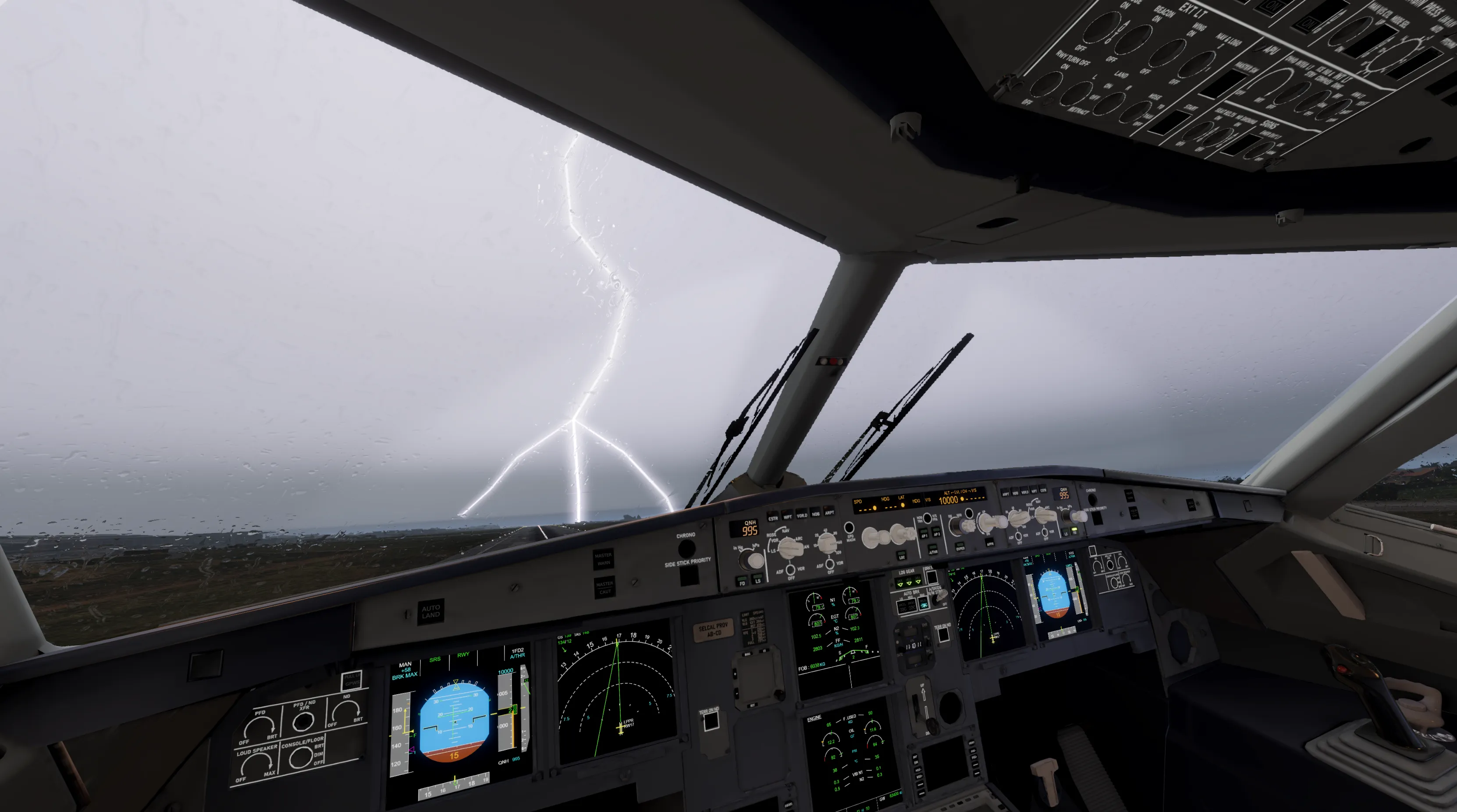 SARA 3D: the cockpit in heavy rain with a lightning strike ahead of the aircraft, wipers running across the windshield, the instruments showing the approach.
