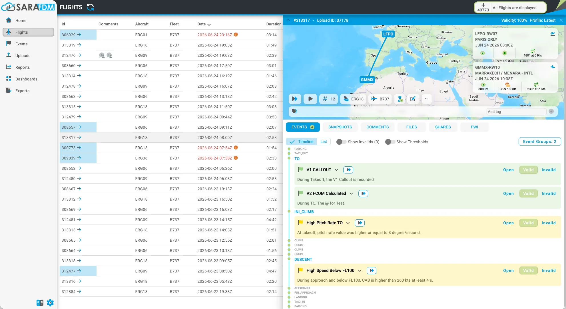 SARA.FDM flight view: a sortable flight list beside one flight opened on a route map from Paris Orly to Marrakech, with the weather at both airports and its detected events placed on a timeline running from parking through take-off to landing.