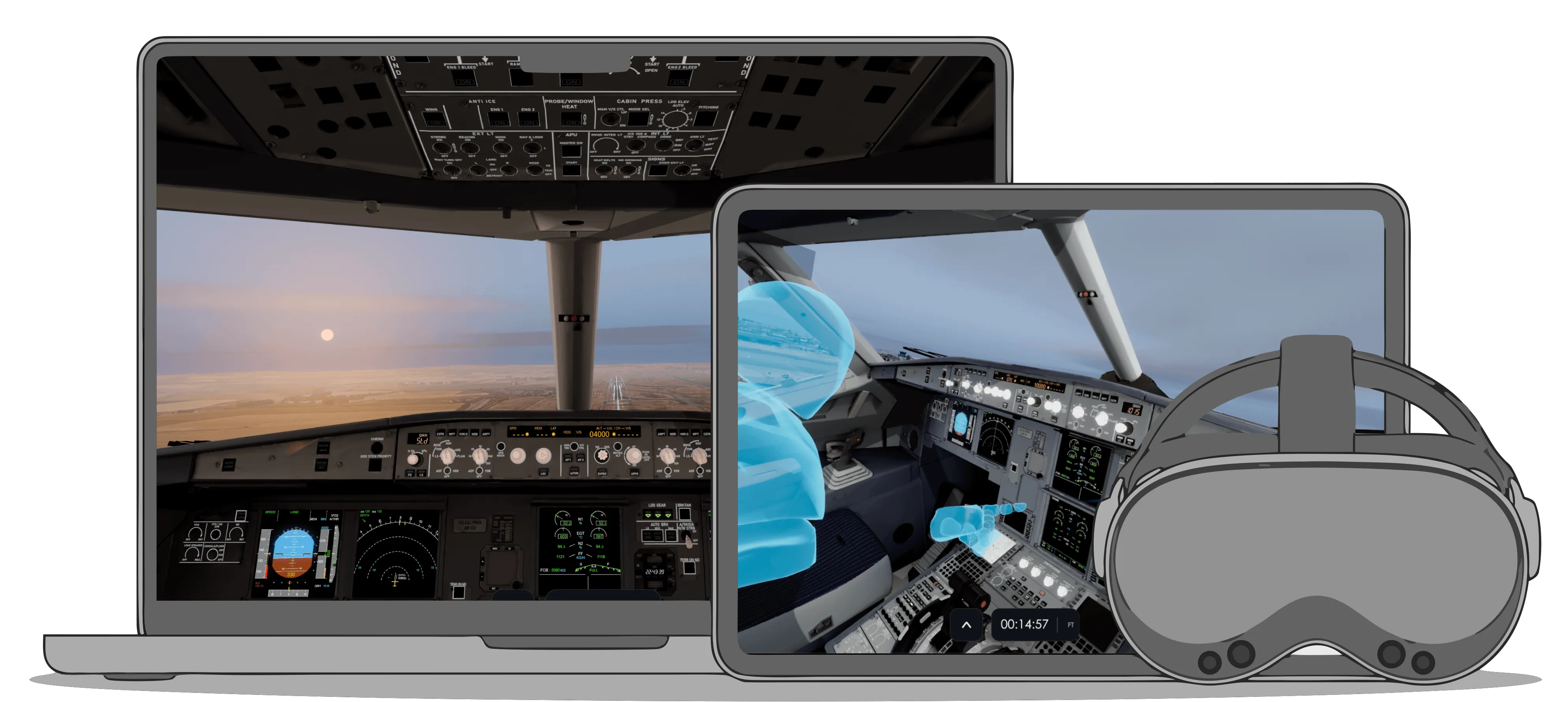 SARA 3D across devices: a laptop replaying the recorded cockpit view on final approach, a tablet showing the immersive cockpit with a crew avatar, and a VR headset in front of them.