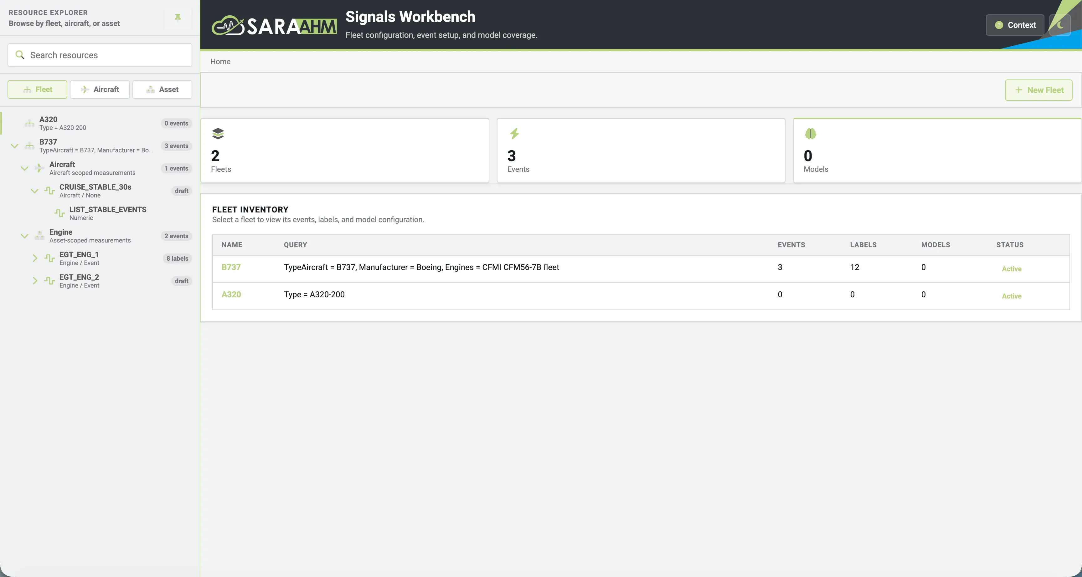 SARA.AHM Signals Workbench: a resource explorer on the left listing fleets, aircraft and assets with their events and labels; three counters — two fleets, three events, no models yet — and the fleet inventory table with the B737 and A320 fleets, their query, events, labels, models and status.
