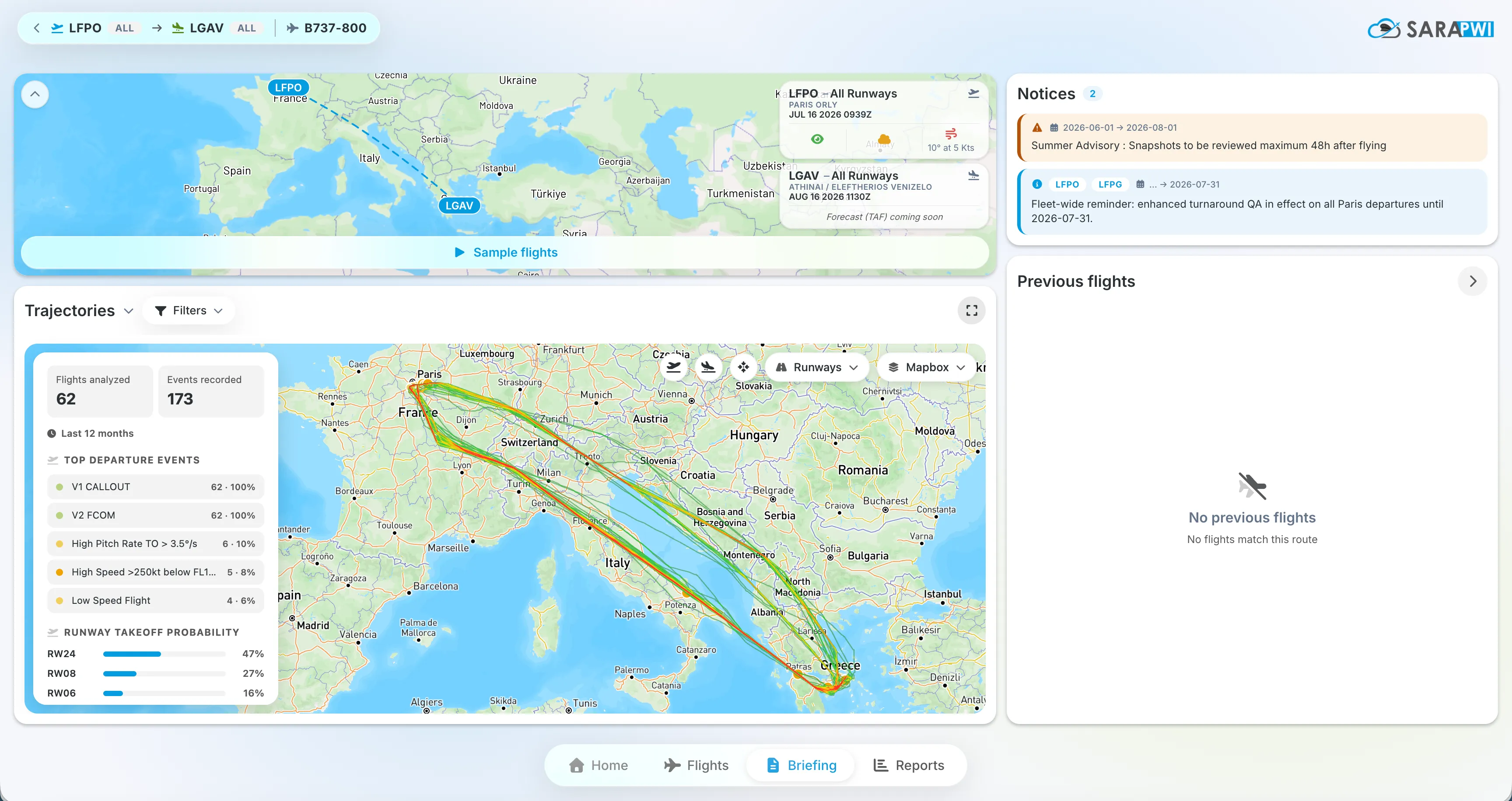 SARA.PWI briefing for a Paris Orly to Athens flight: airport cards with weather and notices, and a map of every trajectory the airline has flown on the route in the last twelve months.